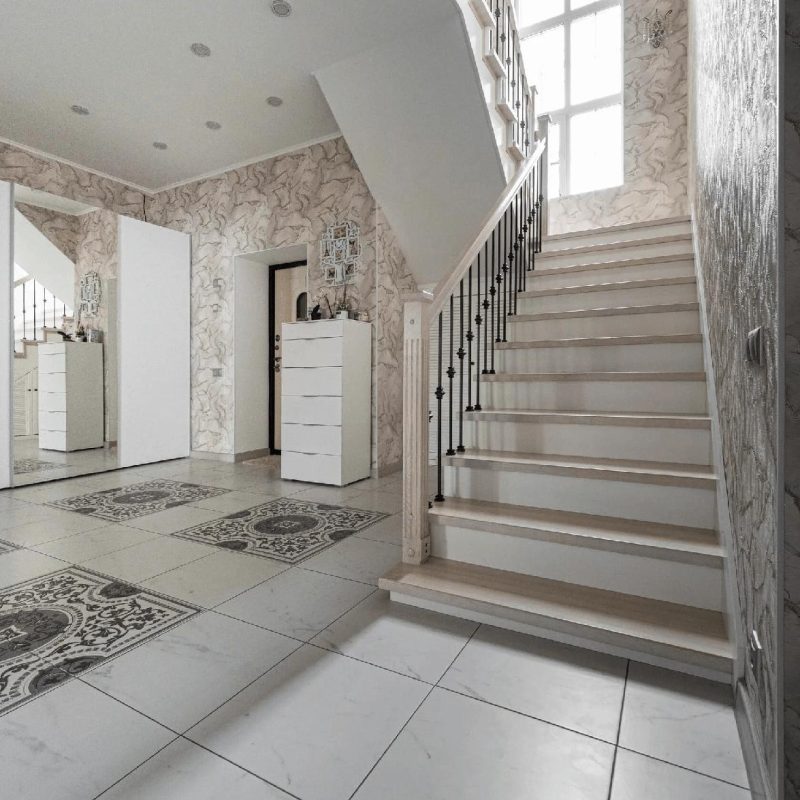 Облицовка бетонной лестницы беленым дубом с доп ступенью на полу